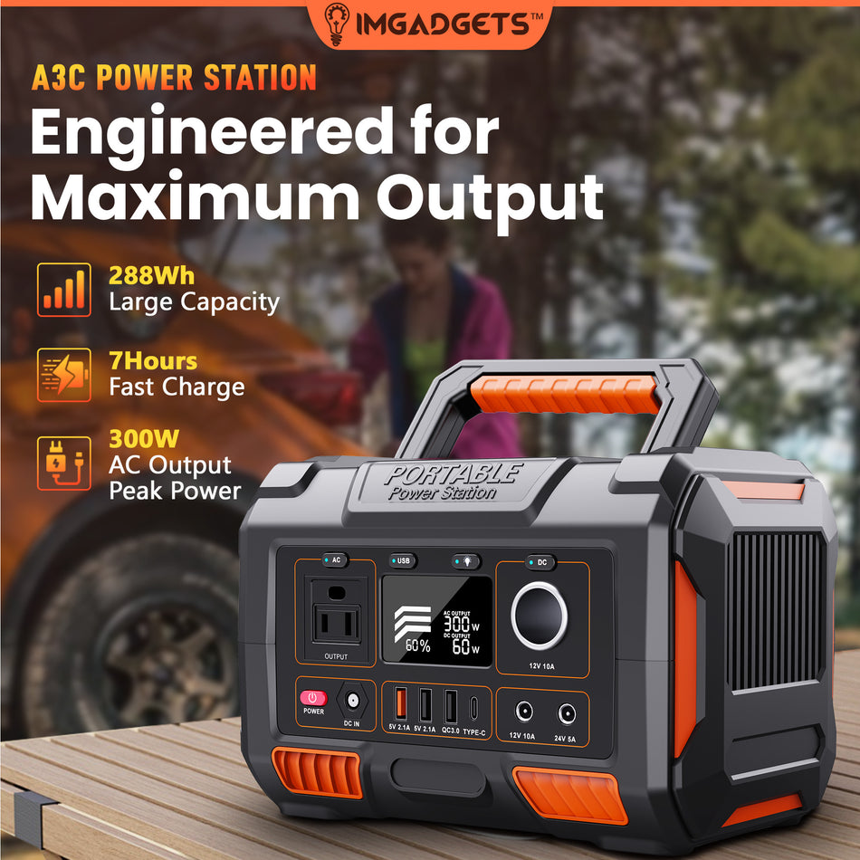IMGadgets 288 Wh Portable Power Station, 300W Peak Generator with multiple outputs: DC, AC, USB output, LED Flashlight for Outdoor, Home, Camping, Emergency Backup, 3 Charging methods
