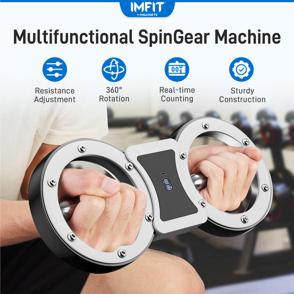 IMFIT SpinGear Multifunctional Rotator Machine | Dual-Arm Design | Adjustable Resistance (1-12lbs) | 360-Degree Rotation | Anti-Slip Workout Handles | Real-Time Tracking | Durable Stainless Steel | Compact & Portable | LCD Display