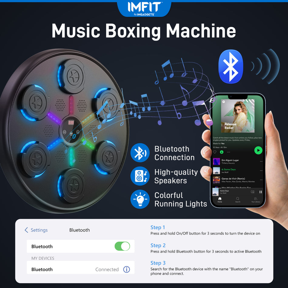 IMFIT Music Boxing Machine with gloves | Punching equipment for home, indoor, gym | 9 Speed & Training Modes | LED Lights | Bluetooth Music | Reflex & Dexterity Boost | Compact & Durable Design | Fun for All Ages | Colorful LED lights