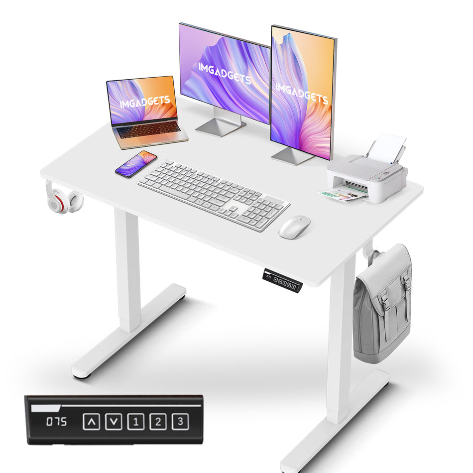 IMGadgets Standing Electric Adjustable Desk | 40'' x 24'' Large Workspace with 2 hooks | Ergonomic Sit-Stand Desk | 3-Memory Settings | Scratch-Resistant & Waterproof | Quiet Operation <55dB | Height Adjustable Desk for Work and Home