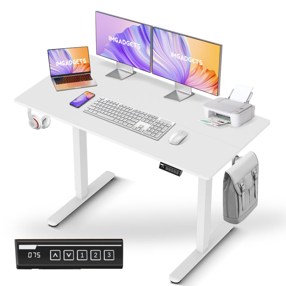 IMGadgets Standing Electric Adjustable Desk | 47'' x 24'' Large Workspace with 2 hooks | Ergonomic Sit-Stand Desk | 3-Memory Settings | Scratch-Resistant & Waterproof | Quiet Operation <55dB | Height Adjustable Desk for Work and Home