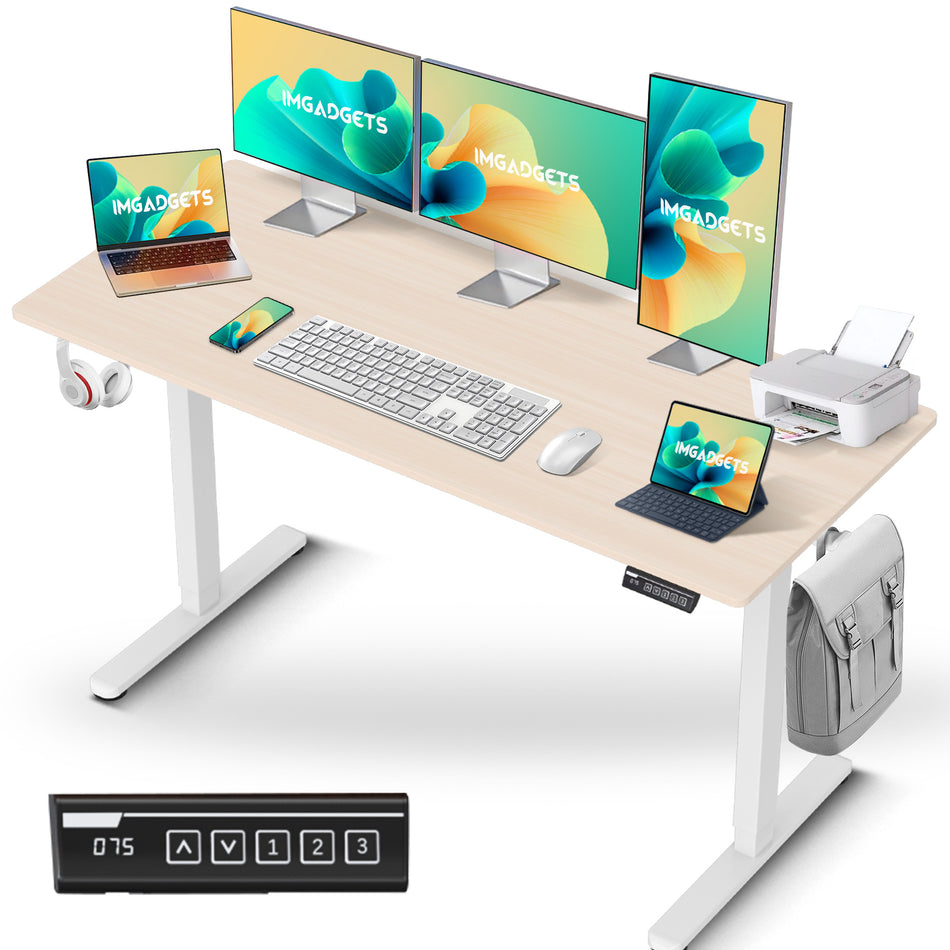 IMGadgets Standing Electric Adjustable Desk | 55'' x 24'' Large Workspace with 2 hooks | Ergonomic Sit-Stand Desk | 3-Memory Settings | Scratch-Resistant & Waterproof | Quiet Operation <55dB | Height Adjustable Desk for Work and Home