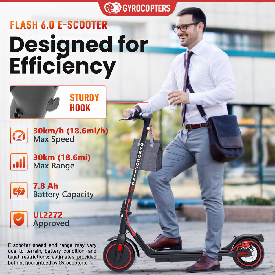 Gyrocopters Flash 6.0 Electric Scooter for Adult & Teens | UL 2272 approved | 8.5” Burst Proof Tires | Speed 30 km/h, Range Upto 30 km | 7500 mAh Robust Battery | 350W Powerful Brushless Motor