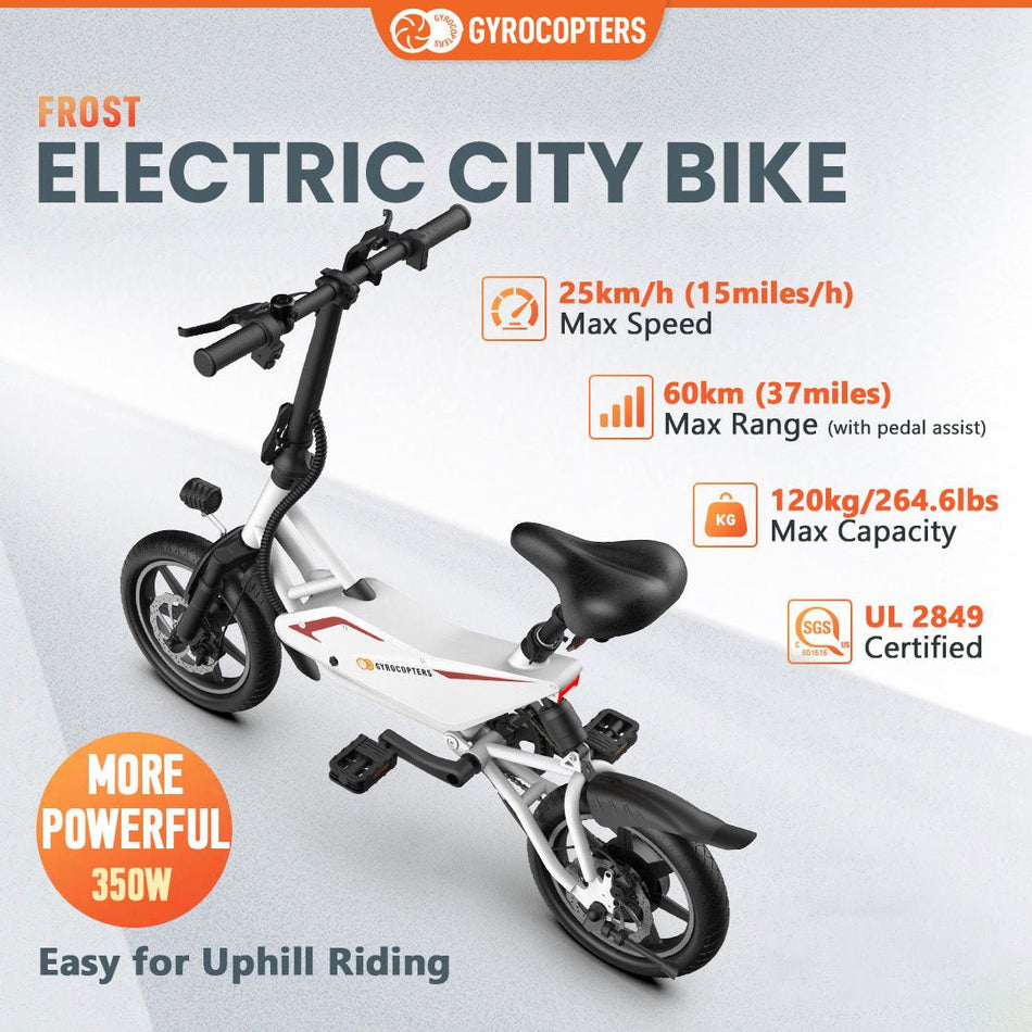 Gyrocopters Frost Electric Bike for Adults & Teens | UL2849 Safe Folding Ebike | 350W Brushless Motor | 14inch Tire Compact Bike | Speed upto 25 km/h (15.5 m/h) | 36V Battery | Long Range PAS up to 60 km (37 miles)