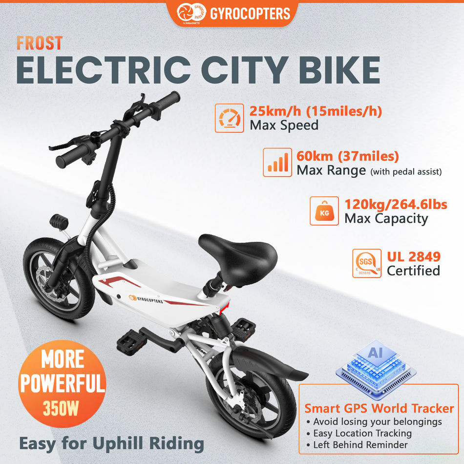 Gyrocopters Frost Electric Bike for Adults & Teens | UL2849 Safe Folding Ebike | 350W Brushless Motor | 14inch Tire Compact Bike | Speed upto 25 km/h (15.5 m/h) | 36V Battery | Long Range PAS up to 60 km (37 miles) | GPS tracker