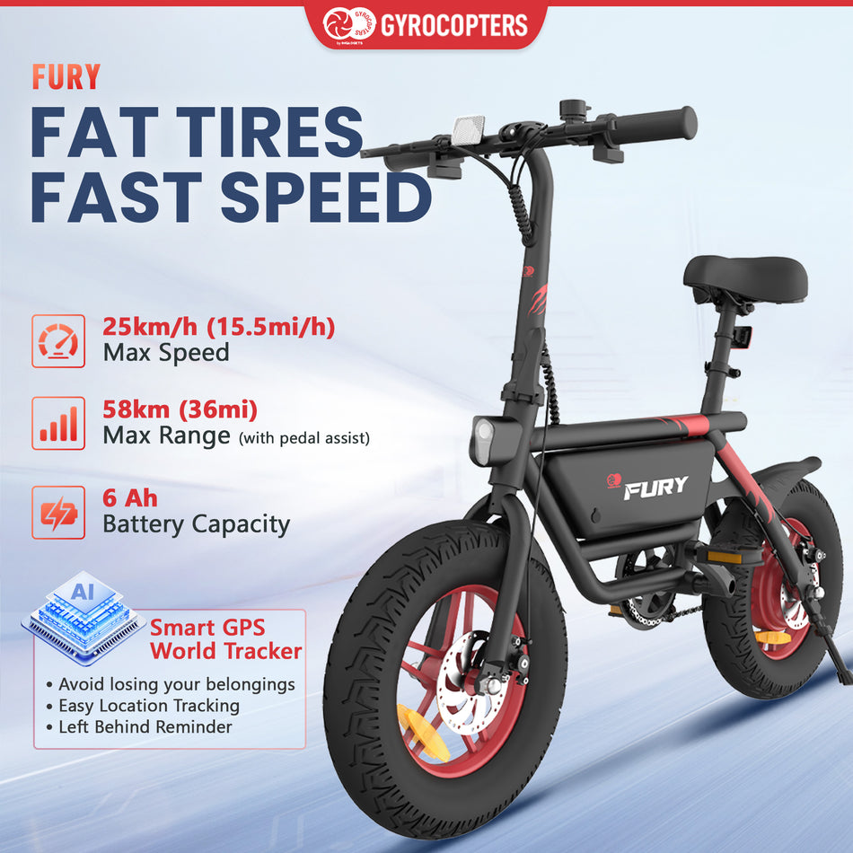 Gyrocopters Fury Electric Bike for Adults/Teens | UL2849 Safe Folding Ebike | 400W Peak Motor 14 * 3 Inch Wear Resistant Fat Tire | Speed up to 25 km/h | Range up to 58Km | Compact Lightweight Bike