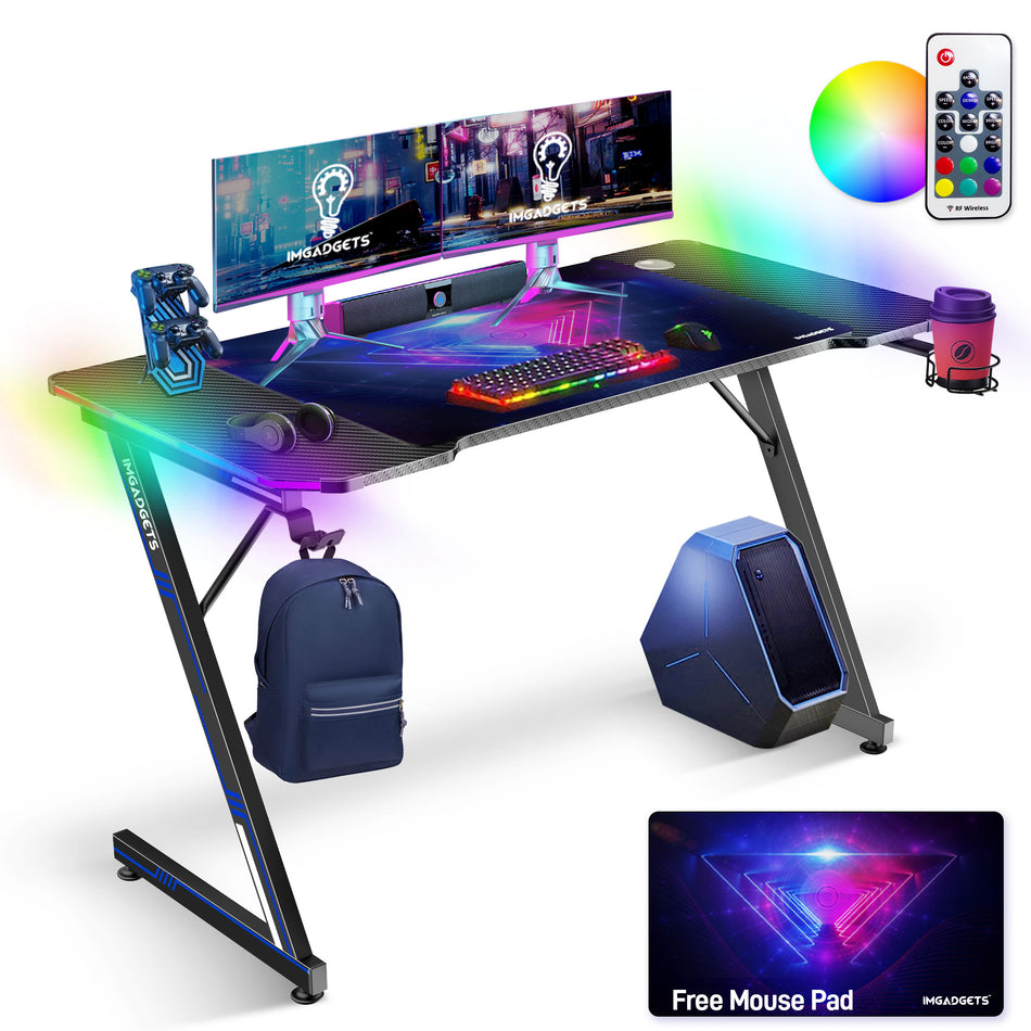 IMGadgets Z-Shaped Gaming Desk with Dynamic LED lighting & Durable Mouse Pad | 47"x24" Carbon Fiber Surface | 80 kg Load Capacity | Cup Holder | Headphone Hook | Cord Management | Ultimate Gaming Experience