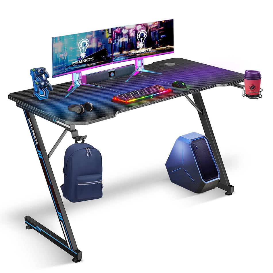 IMGadgets Z-Shaped Gaming Desk | 47"x24" Carbon Fiber Surface | 80 kg Load Capacity | Cup Holder | Headphone Hook | Cord Management | Ultimate Gaming Experience