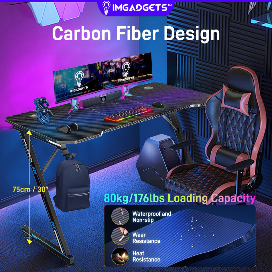 IMGadgets Z-Shaped Gaming Desk | 47"x24" Carbon Fiber Surface | 80 kg Load Capacity | Cup Holder | Headphone Hook | Cord Management | Ultimate Gaming Experience