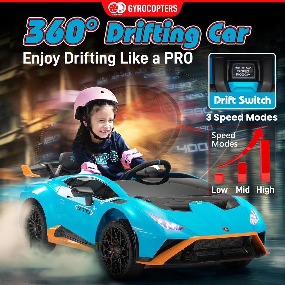 Lamborghini Kids Two-seater Huracan STO Ride on car | Speed: up to 6 km/h | Run time Up to 55 Minutes | Remote Control | Interactive Play | Realistic Sounds | Safe Design | LED Lights | Functional opening doors | 12V Rechargeable Battery