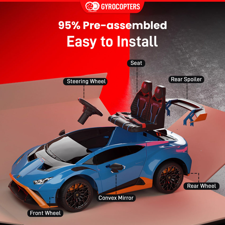 (Pre-Order) Lamborghini Kids Two-seater Huracan STO Ride on car | Speed: up to 6 km/h | Run time Up to 55 Minutes | Remote Control | Interactive Play | Realistic Sounds | Safe Design | LED Lights | Functional opening doors | Rechargeable Battery