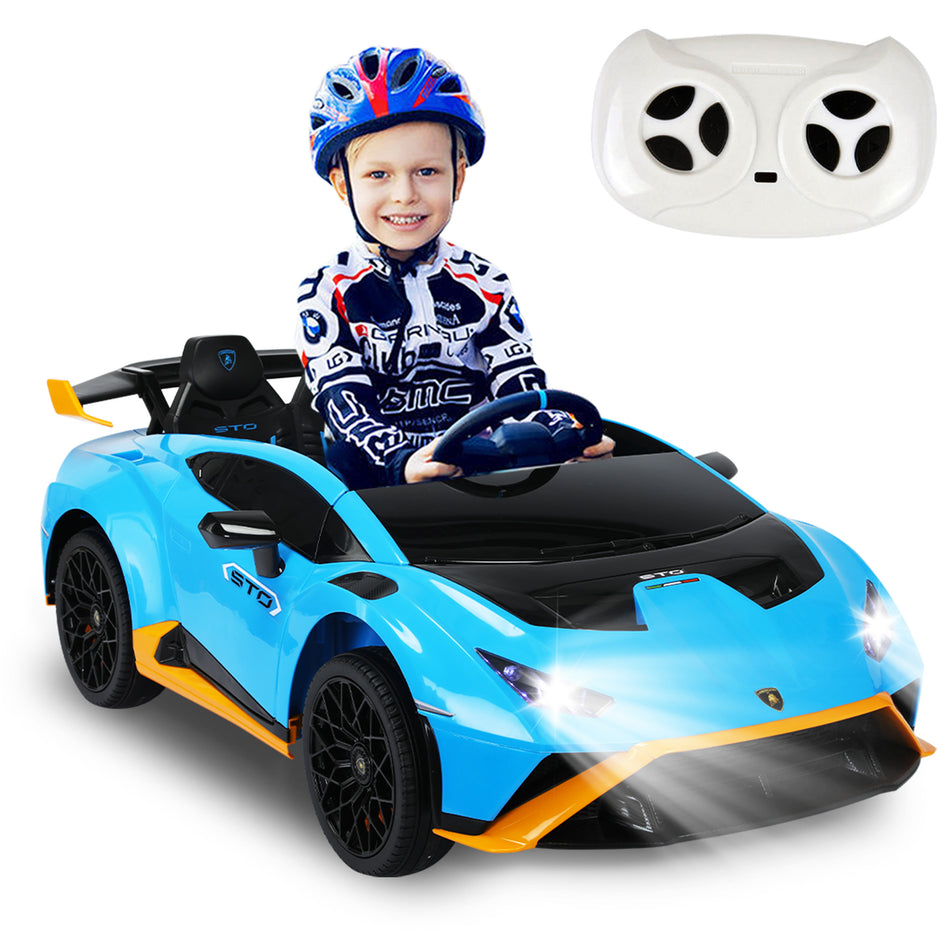 Lamborghini Kids Two-seater Huracan STO Ride on car | Speed: up to 6 km/h | Run time Up to 55 Minutes | Remote Control | Interactive Play | Realistic Sounds | Safe Design | LED Lights | Functional opening doors | 12V Rechargeable Battery