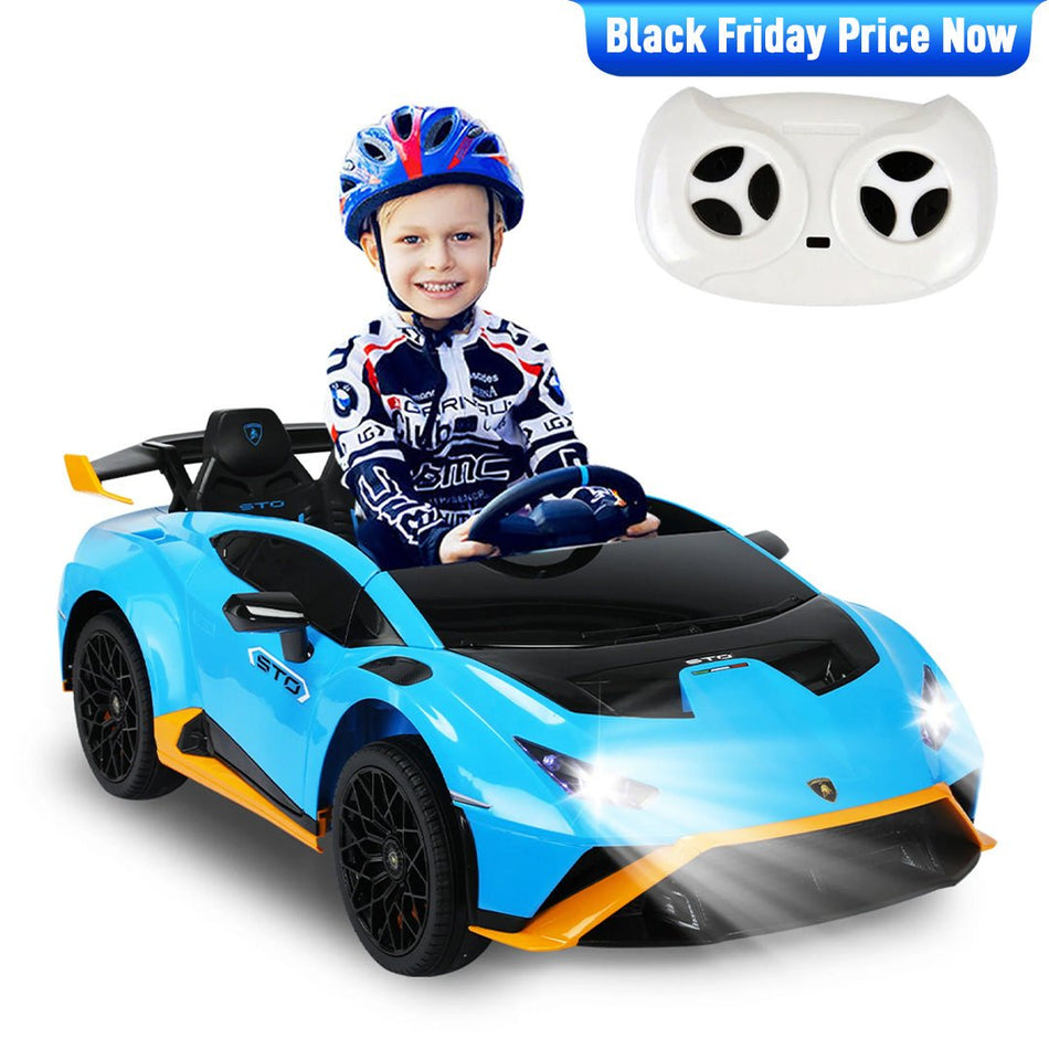 Lamborghini Kids Two-seater Huracan STO Ride on car | Speed: up to 6 km/h | Run time Up to 55 Minutes | Remote Control | Interactive Play | Realistic Sounds | Safe Design | LED Lights | Functional opening doors | 12V Rechargeable Battery