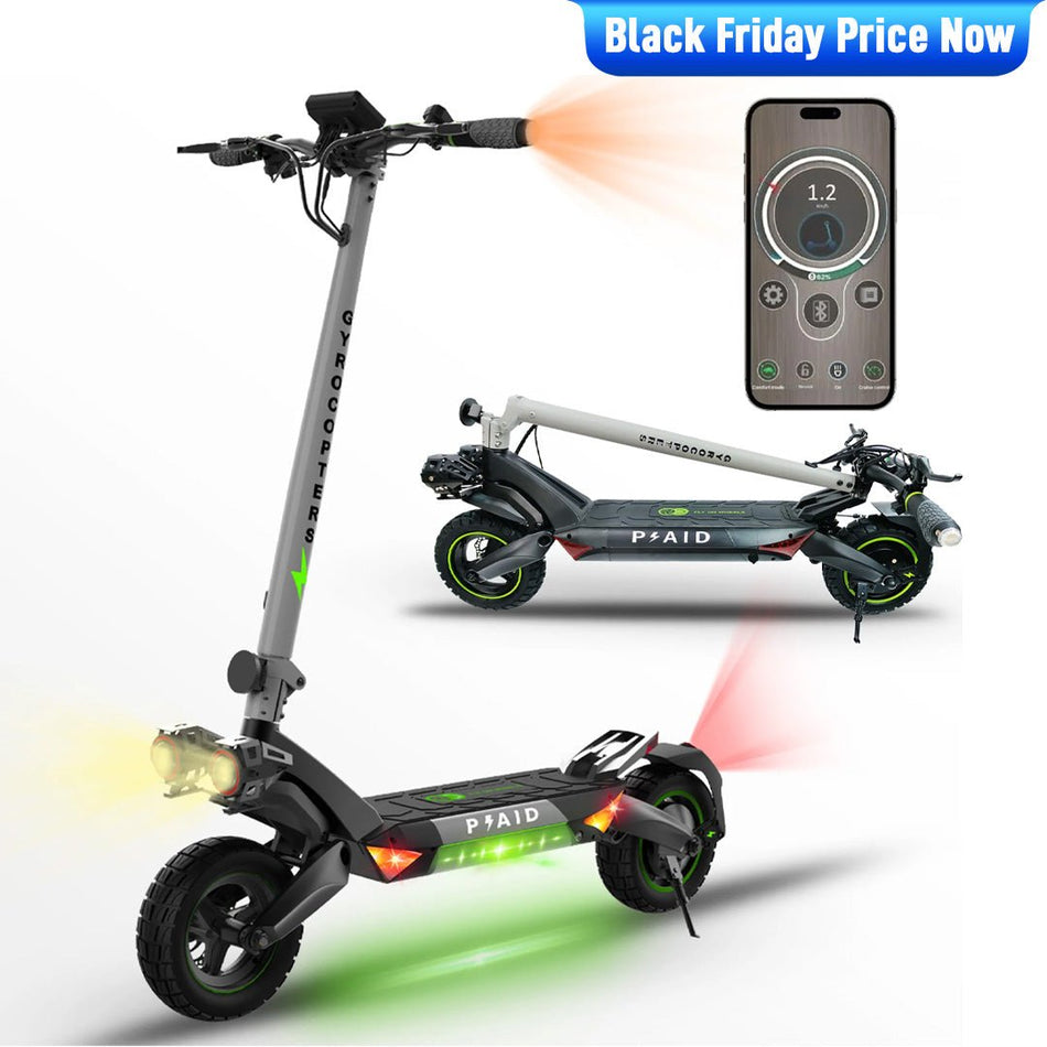 Gyrocopters Plaid Off Road Electric Scooter, 10” Tires, Speed Upto 42kmph/45kmph Long Range Upto 35Km/60km, Max Power 1000W Brushless Motor, Headlight, 360° Deck Light, Foldable Escooter, with App