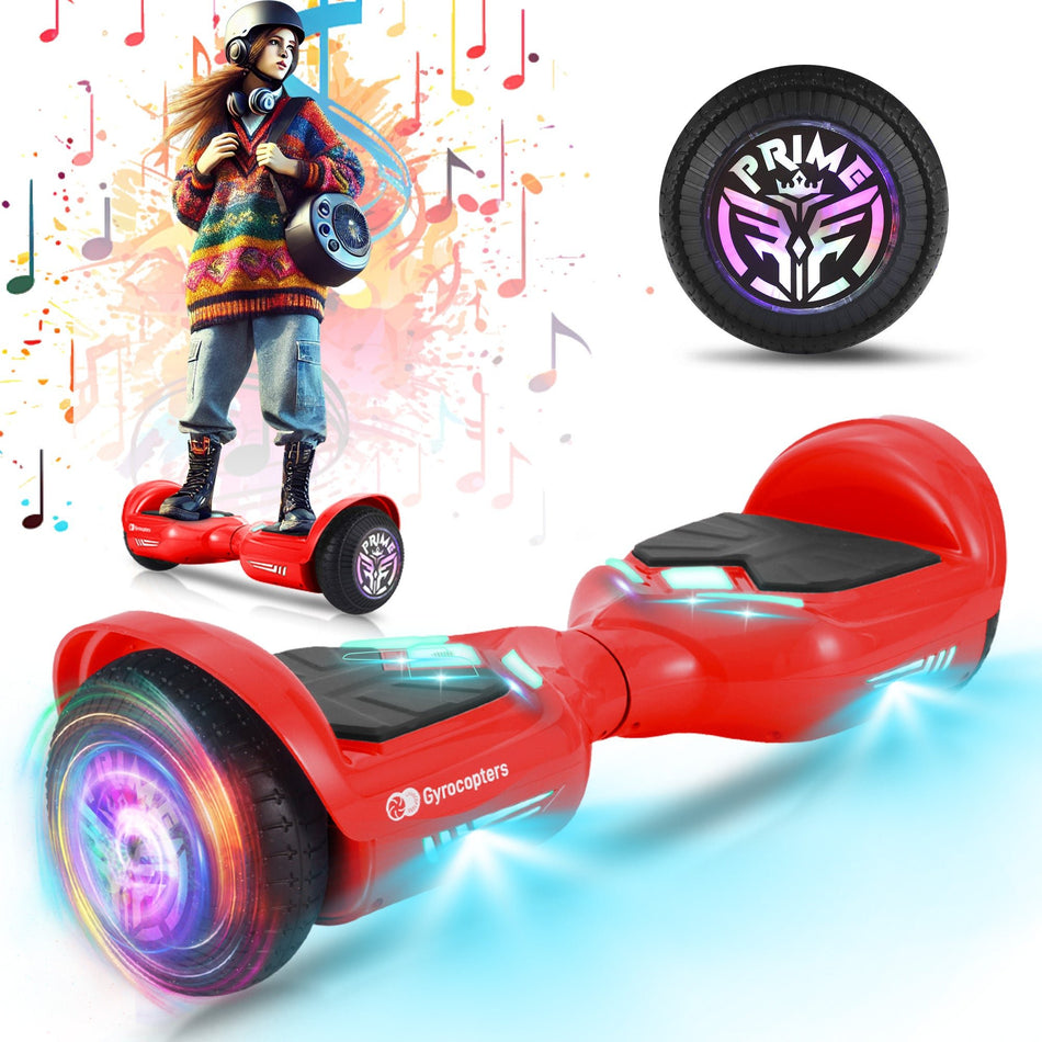 Gyrocopters Prime All New 2025 Hoverboard | Speed up to 15km/h | 300W Powerful Motor | 6.5” LED wheels | 165 lbs weight capacity | UL2272 certified with Wireless Music Speaker offering a range up to 8 km (RED)