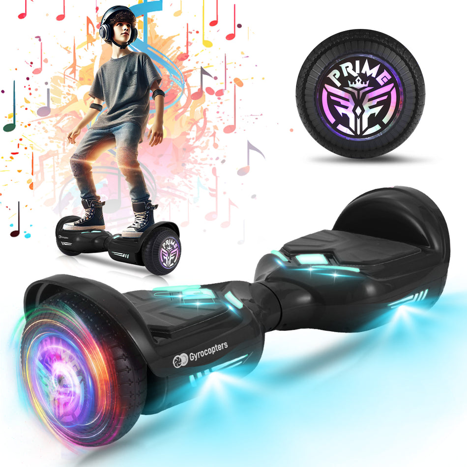 Gyrocopters Prime All New 2025 Hoverboard | Speed up to 15km/h | 300W Powerful Motor | 6.5” LED wheels | 165 lbs weight capacity | UL2272 certified with Wireless Music Speaker offering a range up to 8 km (BLACK)