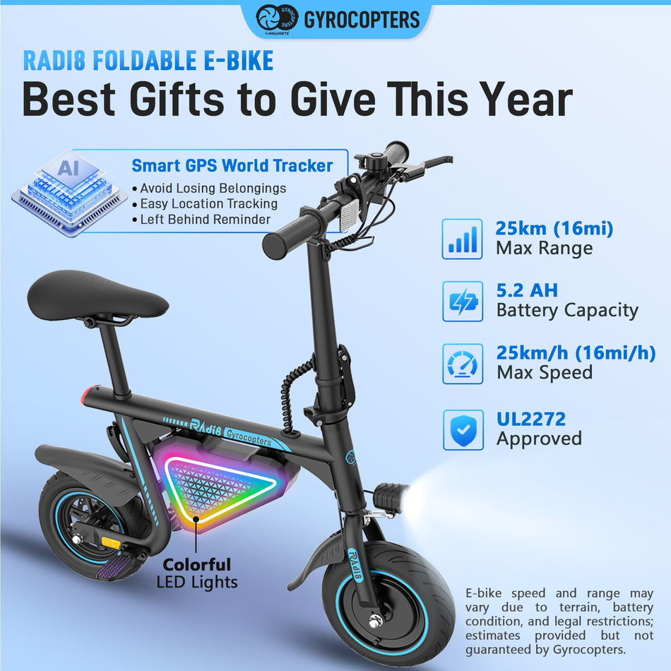 Gyrocopters Radi8 Electric Ride-on | UL 2272 approved | 25 km Range | 25 km/h Speed | Rear Disc Brakes | LED Lights | LCD Display | Anti-theft GPS Tracker