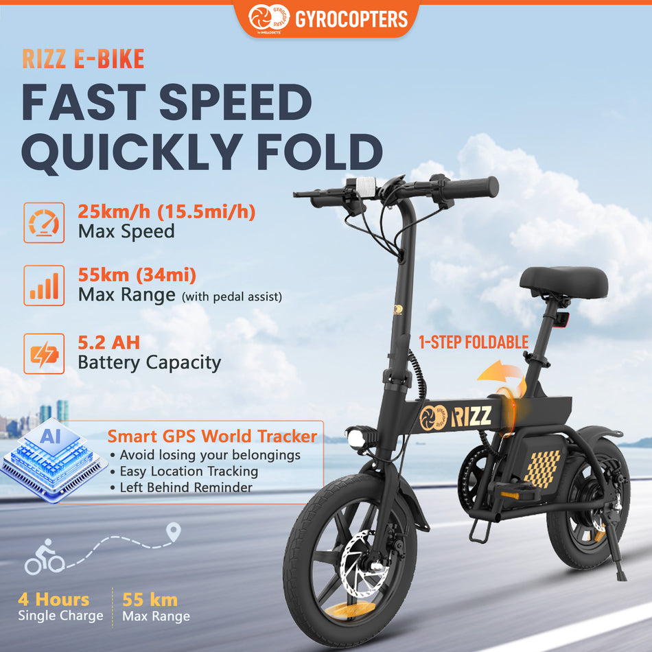 Gyrocopters Rizz Electric Bike for Adults/Teens | UL2849 Safe Folding Ebike | Peak 400W Brushless Motor 14*2 Inch Tires | Speed up to 25Km/h | Range up to 55Km | GPS tracker | Compact & Light E-bike with Disc Brakes