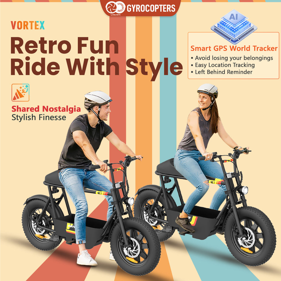 Gyrocopters Vortex Electric Scooter for Adults | UL2272 Safe Ebike | 470W Peak Motor 16 * 3 Inch Wear Resistant Fat Tires | Speed Upto 32 km/h | Range Upto 28 km | Retro Fun E-Bike with Large Storage & GPS Tracker