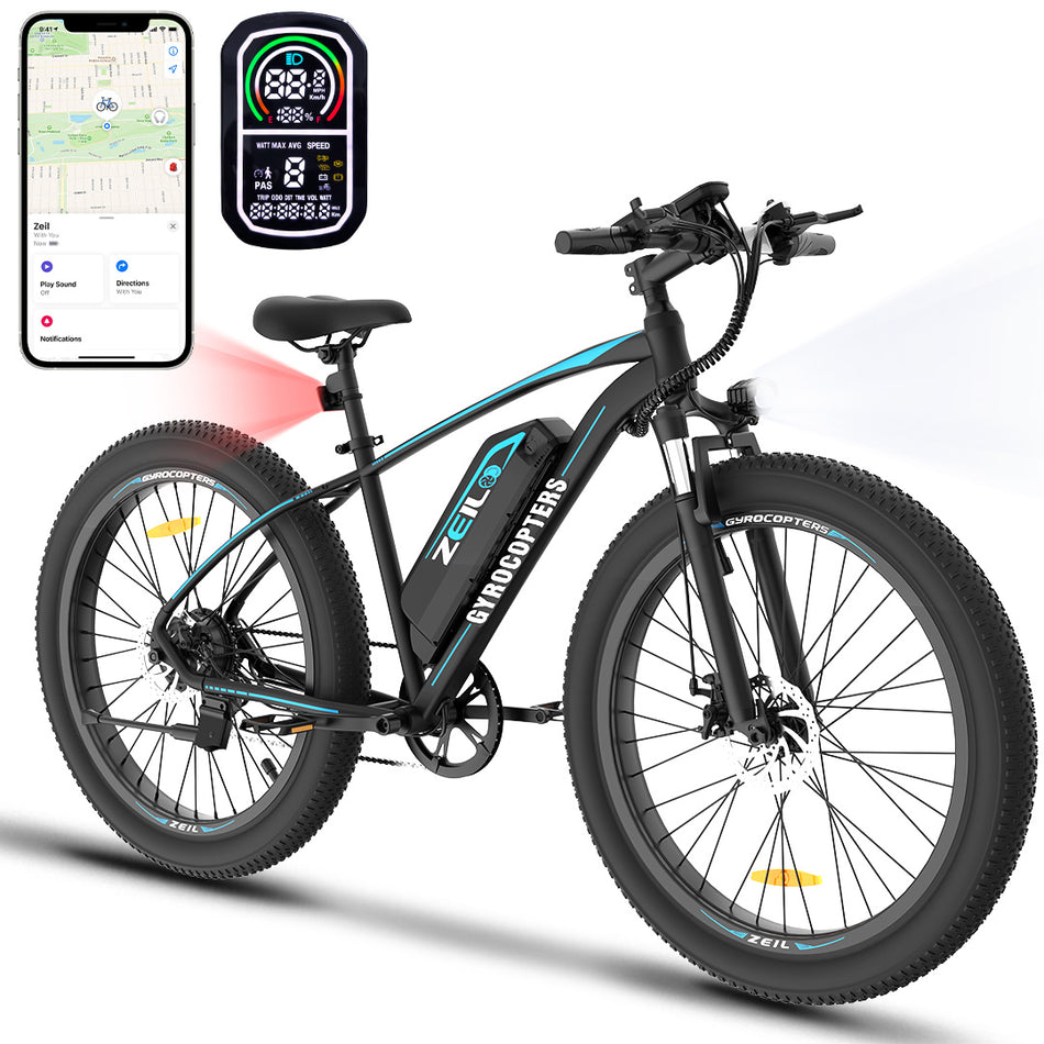 Gyrocopters Zeil Mountain E- Bike for adults with 500 W Motor  | 27.5* 3” tires | Speed up to 40 km/h | PAS Range up to 91 km | 480 WH Removable Battery | Dual Disk Brakes & Front fork Suspension | Shimano 7 | UL-2849 approved | Anti-theft GPS Tracker