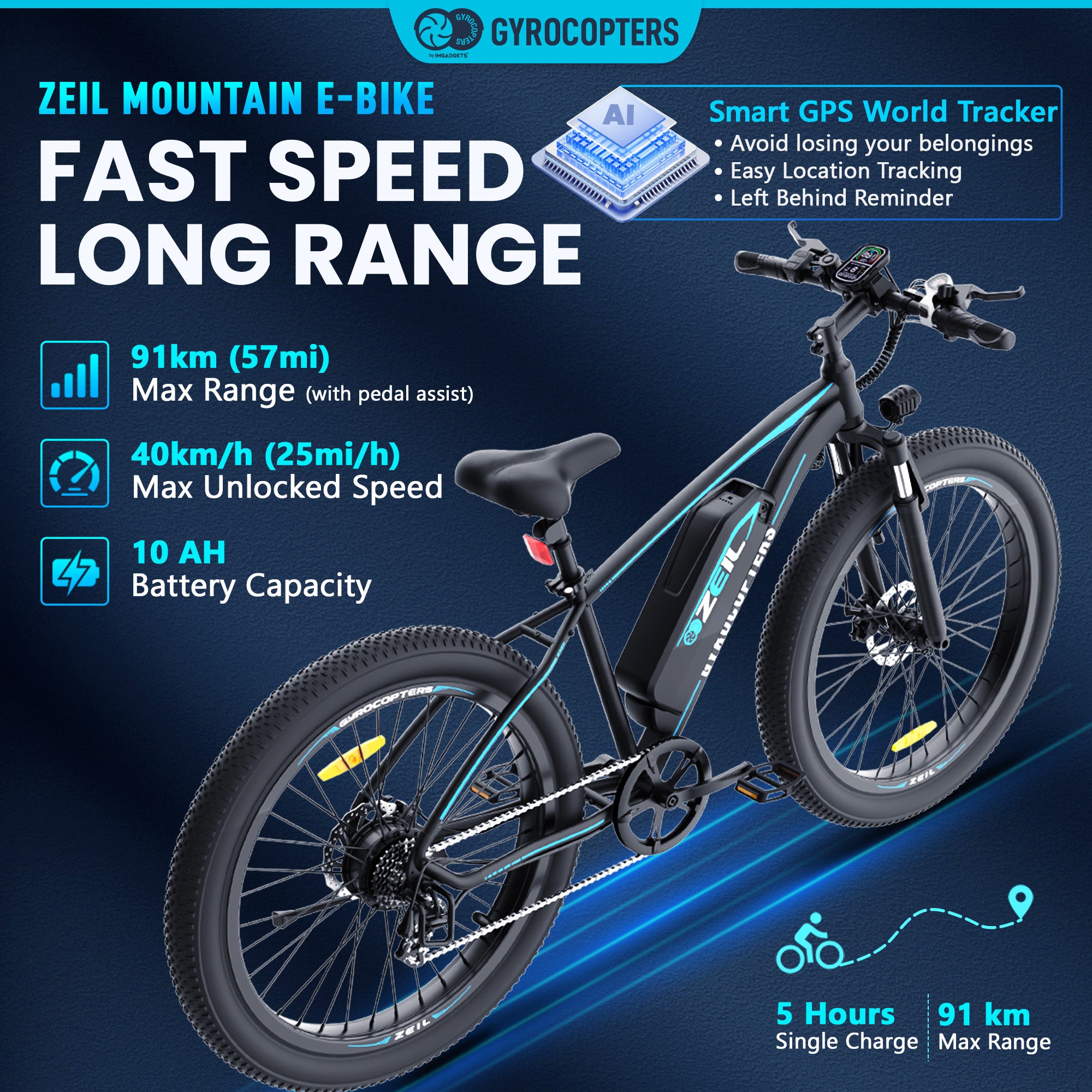 Gyrocopters Zeil Mountain E Bike for adults with 500 W Motor 27.5 3 tires Speed up to 40 km h PAS Range up to 91 km 480 WH Removable