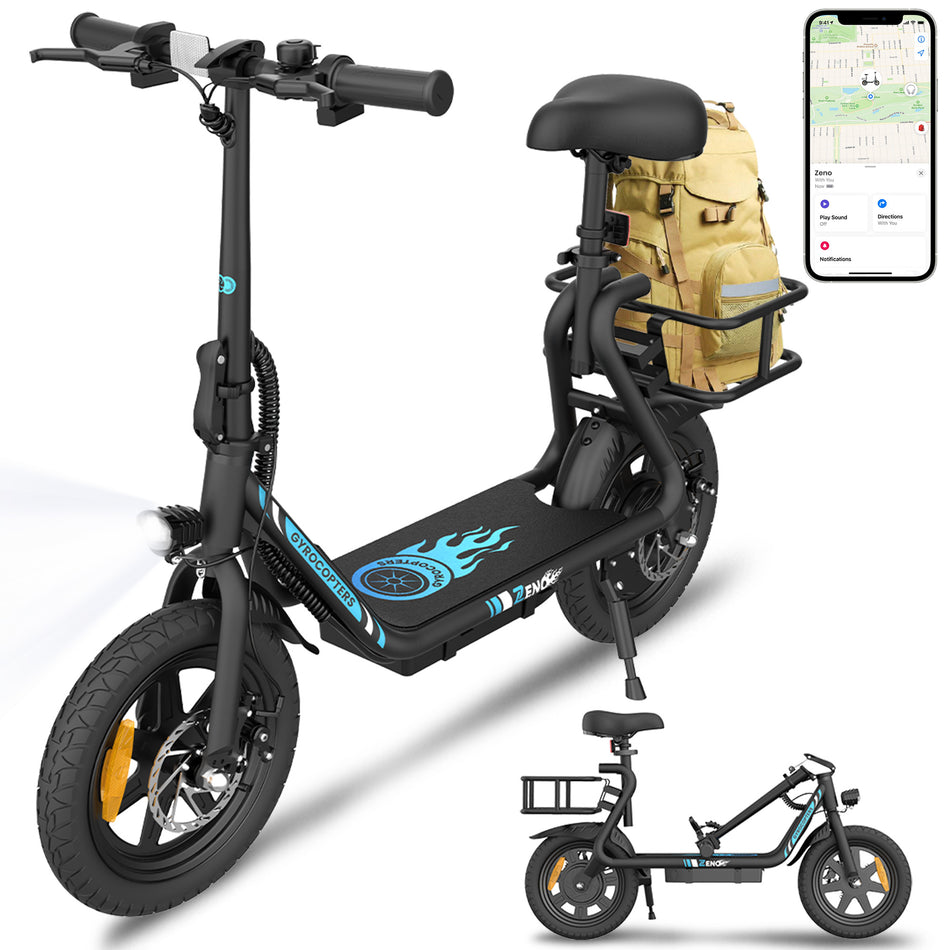 Gyrocopters Zeno Electric Scooter | 500W Peak Motor | 25km/h Speed | UL2272 Safety | 25km Range | Shock-Absorbing Seat | GPS | Cruise Control | Quick Folding Design | Large basket