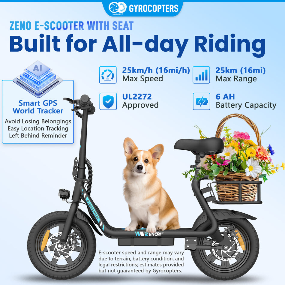 Gyrocopters Zeno Electric Scooter | 500W Peak Motor | 25km/h Speed | UL2272 Safety | 25km Range | Shock-Absorbing Seat | GPS | Cruise Control | Quick Folding Design | Large basket